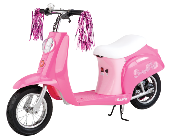 Pink electric scooter with seat.